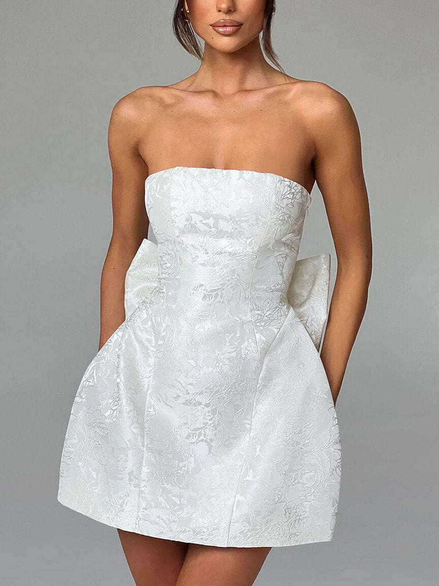 Jacquard Floral Strapless Back Bow Structured A-Line Mini Dress