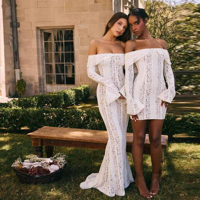 Off Shoulder Lace Bell Sleeve Ribbon Tie Bodycon Mini Dress