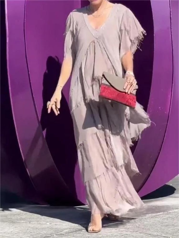 V-Neck Flutter Sleeve Tiered Ruffle Maxi Dress
