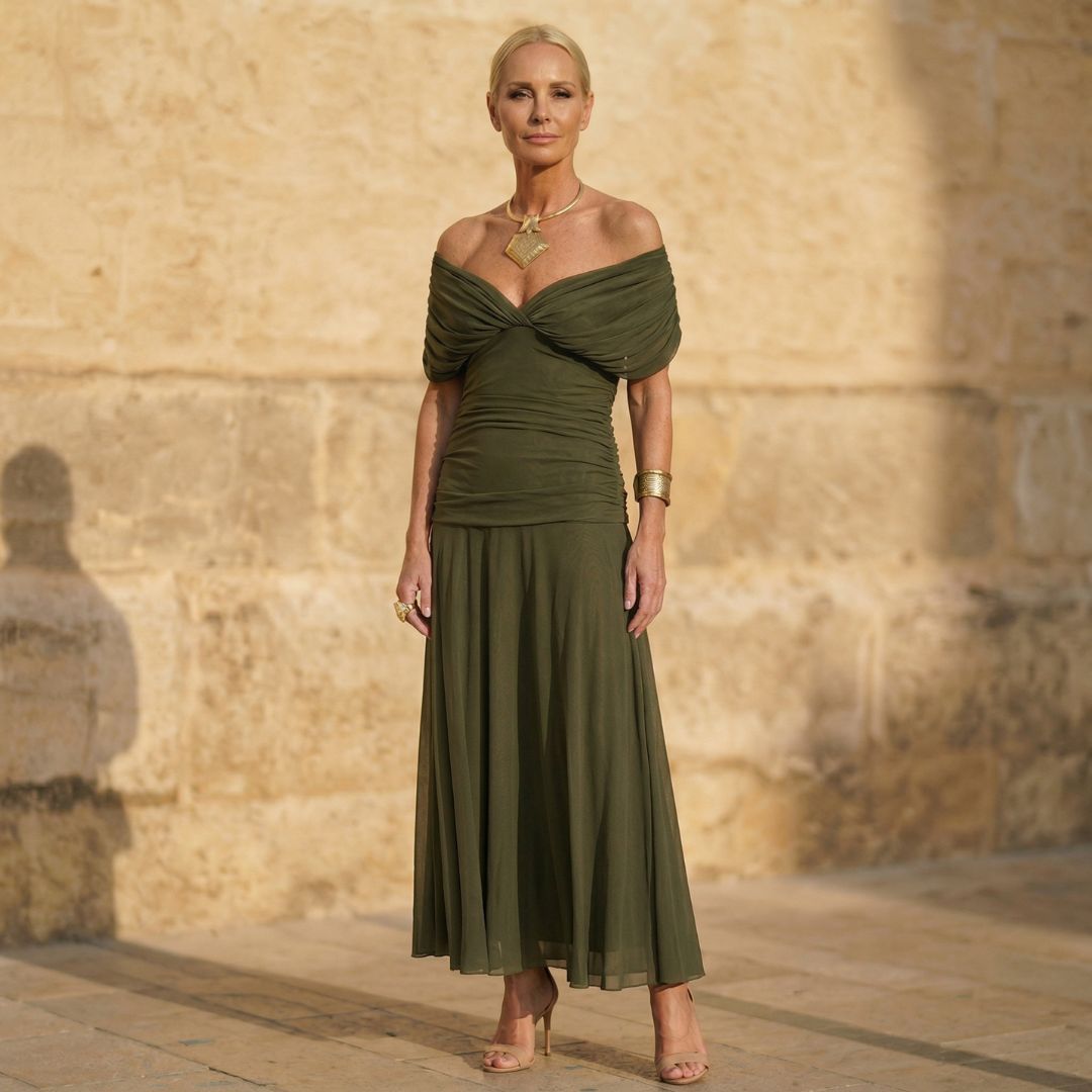 Off Shoulder Twist Front Ruched Fit and Flare Maxi Dress