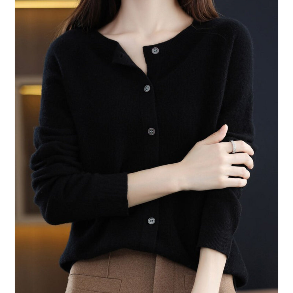 Round Neck Button Front Long Sleeve Knit Cardigan
