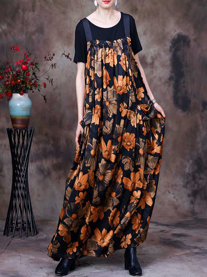 Always Glowing Printed Pleated Pocket Maxi Salopette Dress