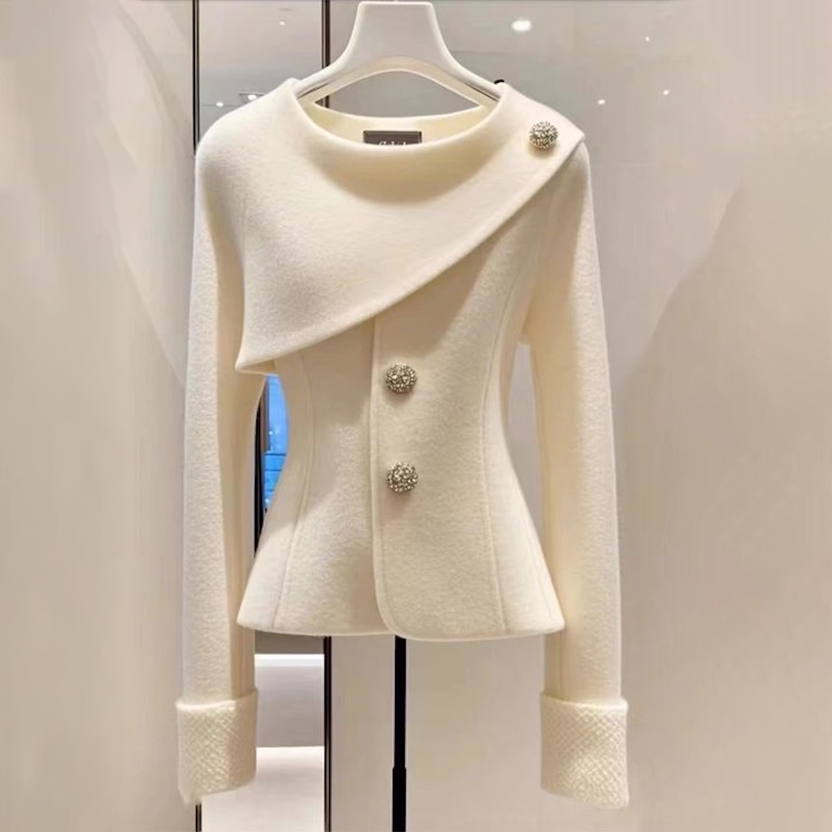 Asymmetric Neck Jewel Button Peplum Jacket
