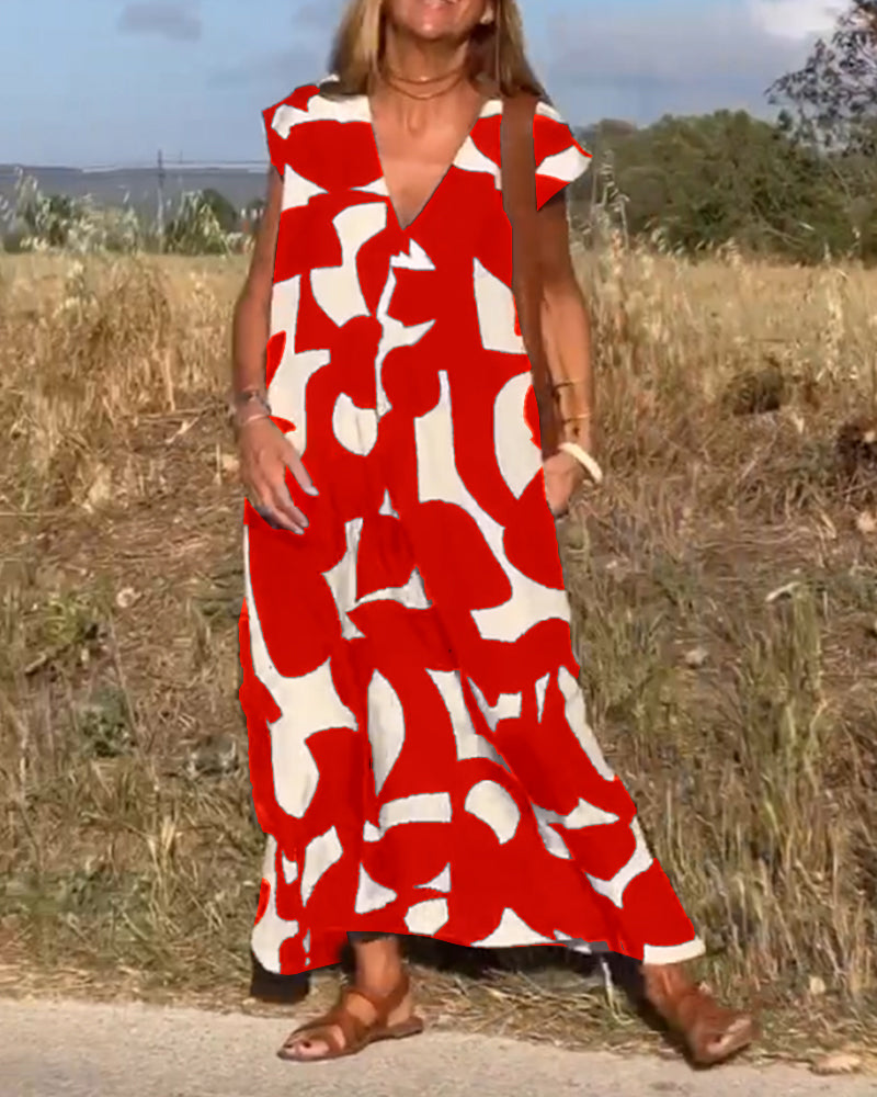 Abstract Print V-Neck Cap Sleeve Oversized Maxi Dress