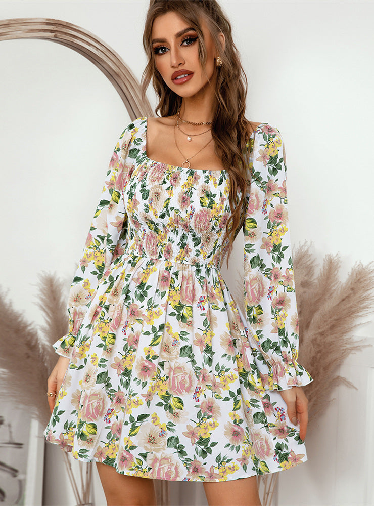 Floral Square Neck Smocked Bodice Long Sleeve Mini Dress 3