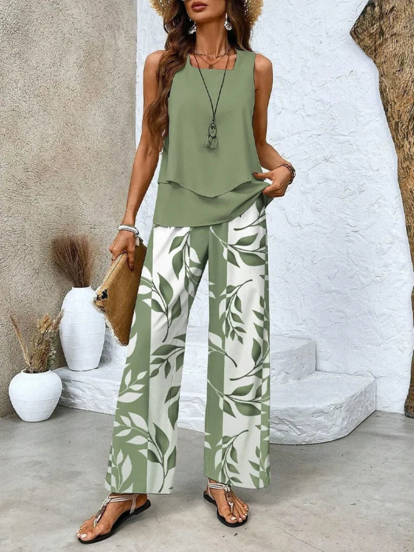 Sleeveless Layered Top and Floral Wide Leg Pants Two Piece Set
