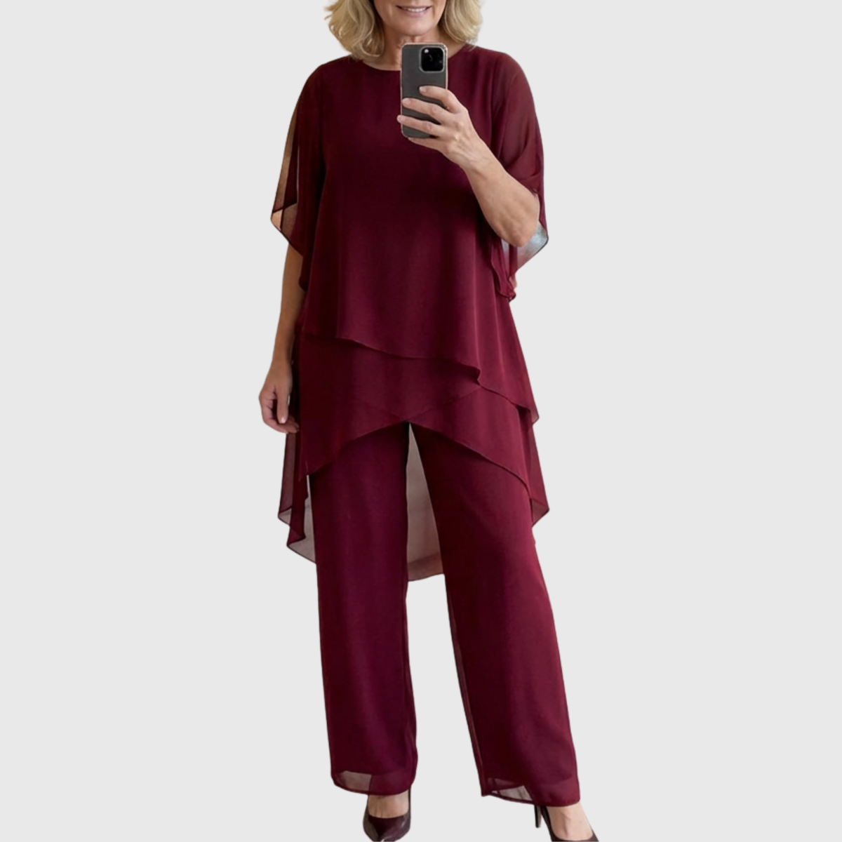 Layered Chiffon Cape Top and Wide Leg Pants Two Piece Set
