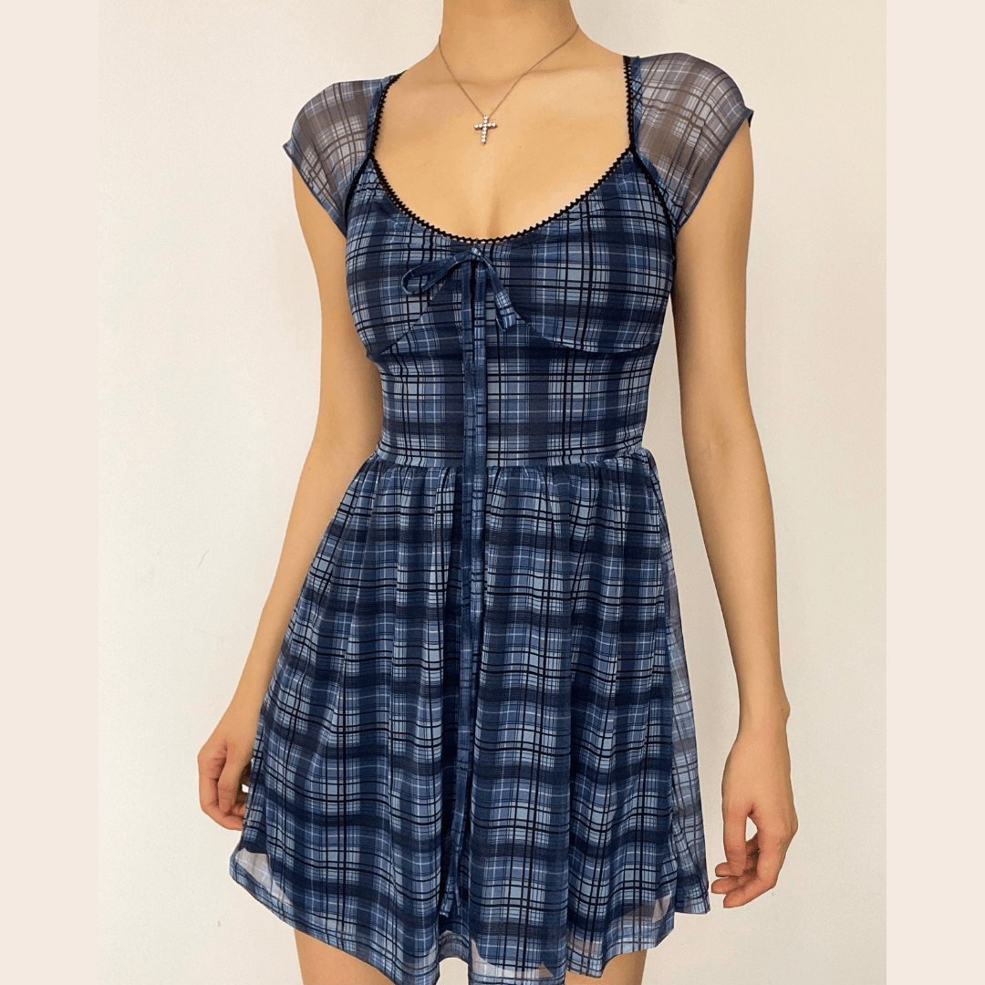 Plaid Mesh Cap Sleeve Scoop Neck Tie Front A-Line Mini Dress