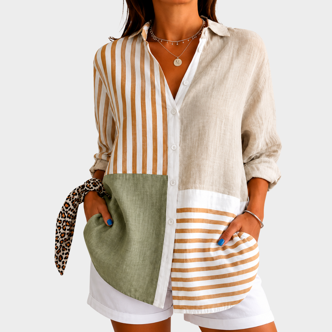 Long Sleeve Striped Colorblock Button Front Shirt