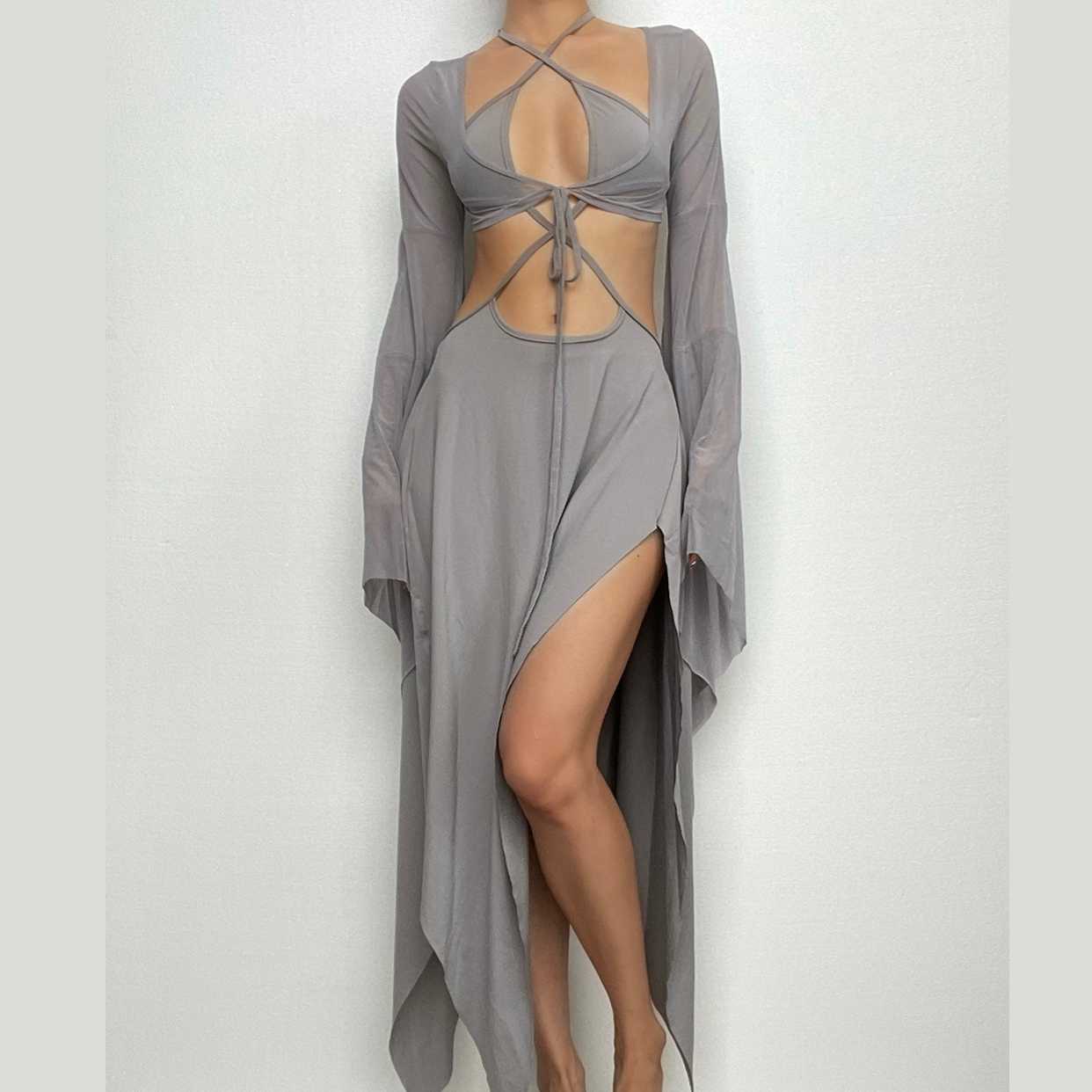 Mesh Halter Neck Flared Sleeve Cut Out High Split Midi Dress