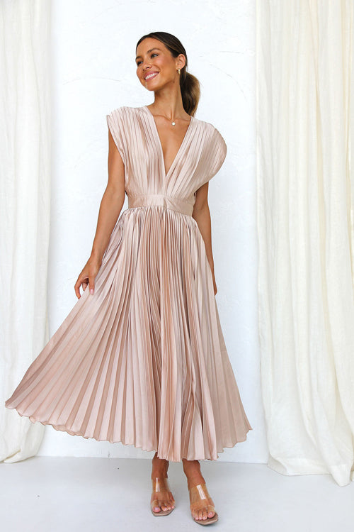 It's Another Day V-Neck Pleated Midi Dress - 5 Colors Champagne