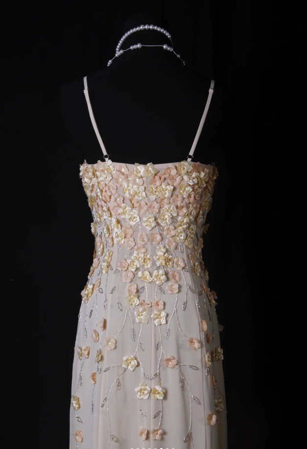 Fairy Spaghetti Straps Chiffon 3D Floral Beaded Mermaid Long Prom Dress Party Gown