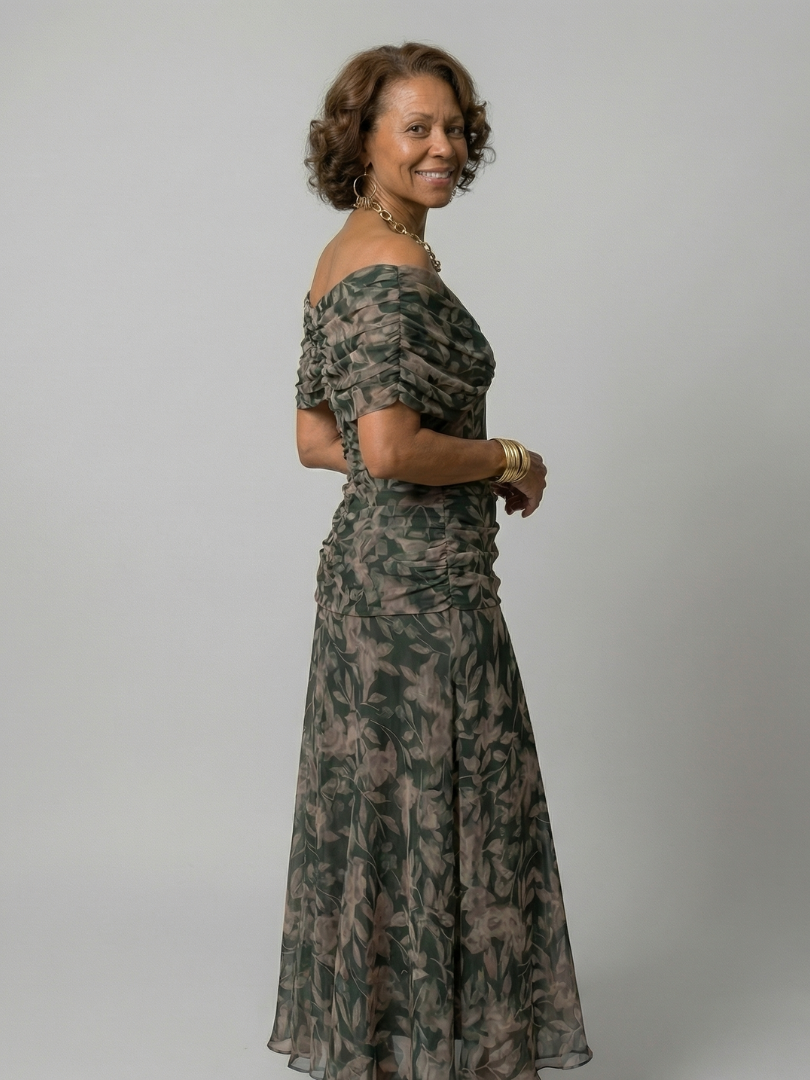 Floral Off Shoulder Ruched Maxi Dress