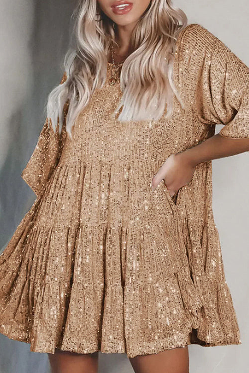 Sequin Long Sleeve Tiered Fit and Flare Mini Dress