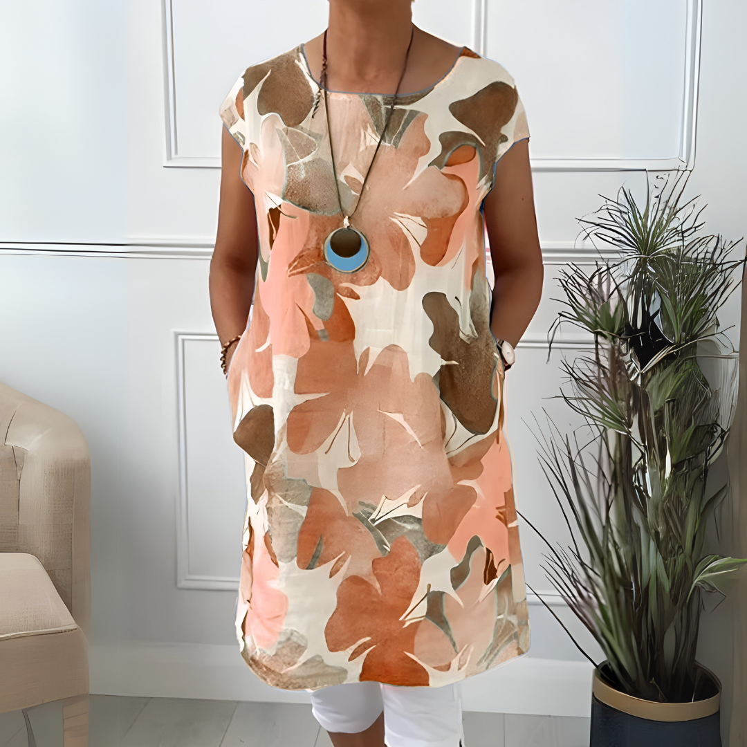 Watercolor Floral Round Neck Short Sleeve Tunic Dress