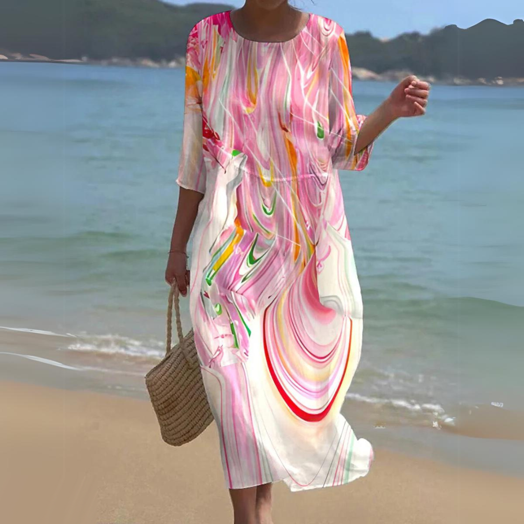 Floral Round Neck Half Sleeve Shift Summer Midi Dress