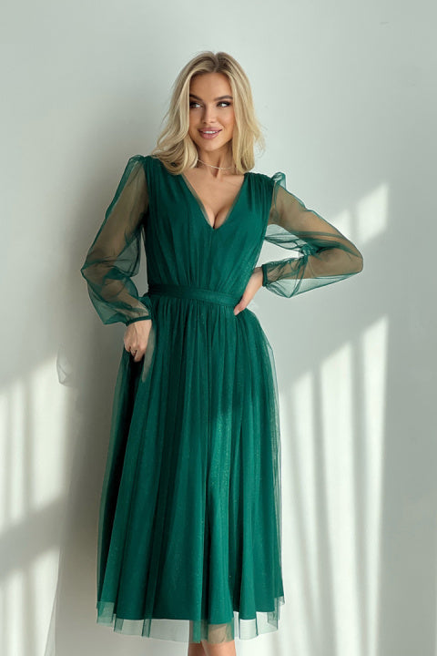 Tulle Long Sleeve V Back A-Line Maxi Dress