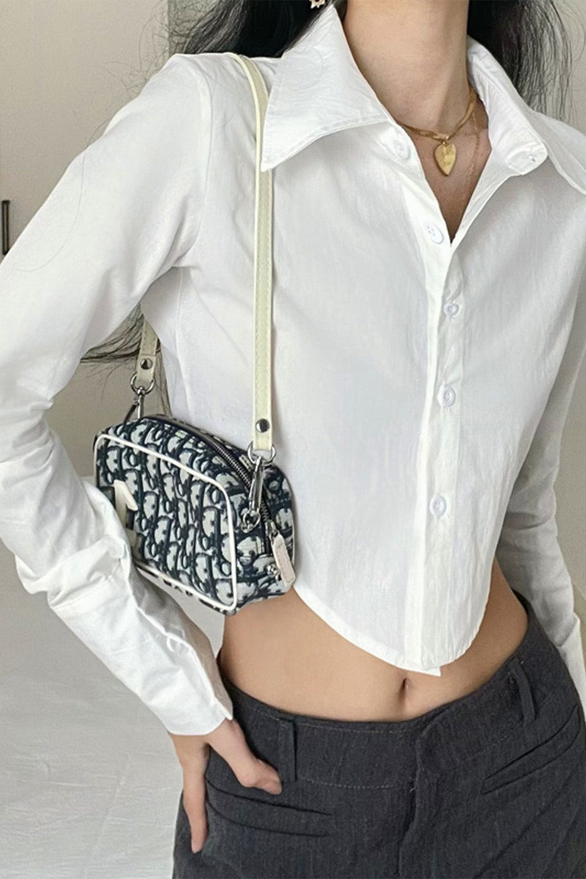Lapel Collar Long Sleeve Button Up Curved Hem Cropped Shirt 2