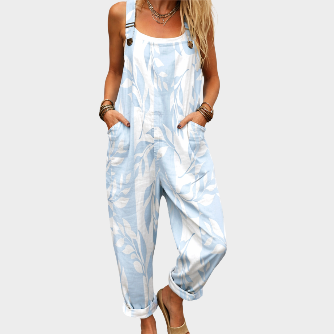 Leaf Print Sleeveless Wide Leg Overall Jumpsuit
