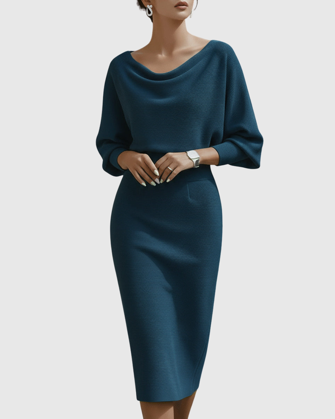Off Shoulder Long Sleeve Ribbed Knit Bodycon Midi Dress