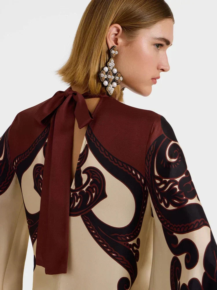 Scroll Print Satin Tie Neck Bell Sleeve A-Line Maxi Dress