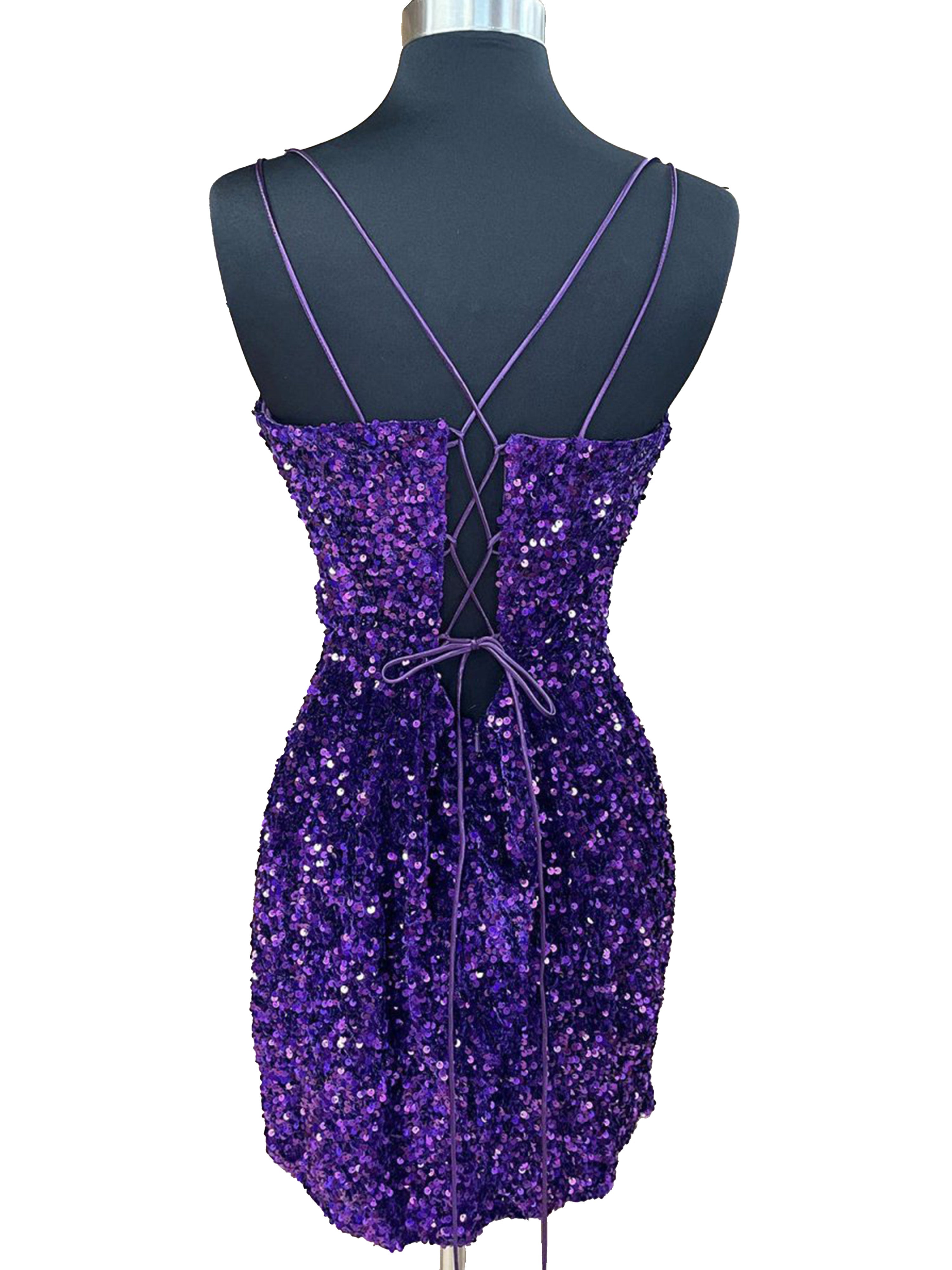 Purple Sequin Simple Spaghetti Straps Sheath Homecoming Dress
