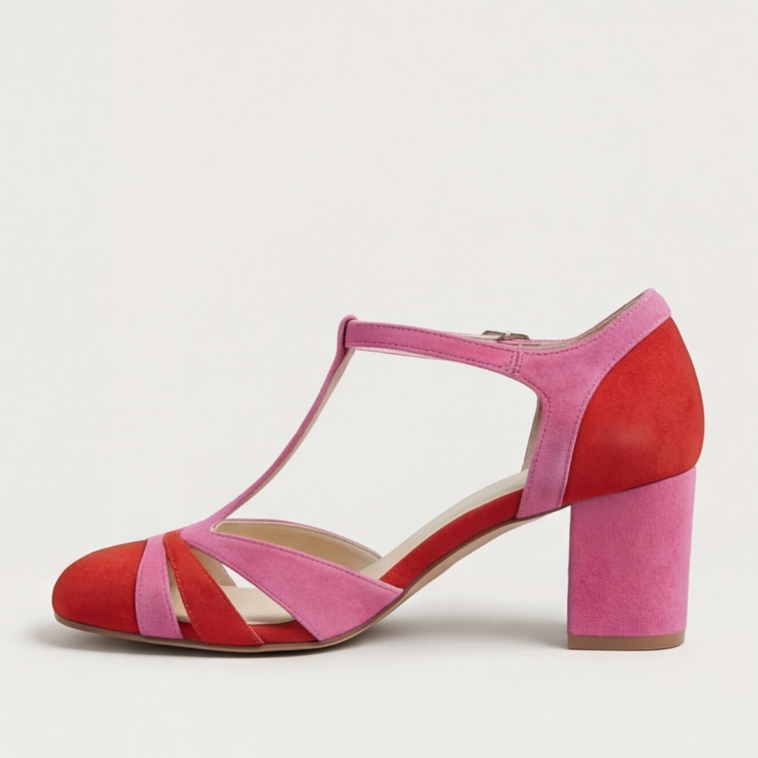 T Strap Cut Out Suede Block Heel Mary Jane Pumps
