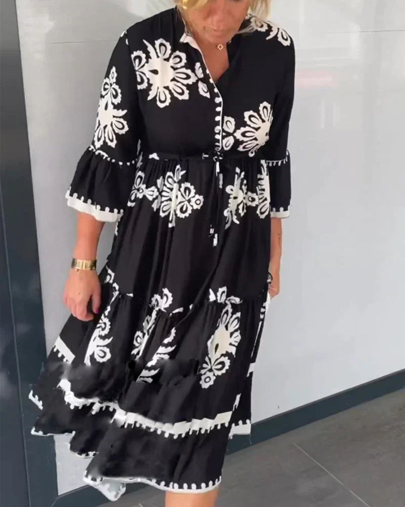 Border Trim Button Front V-Neck Drawstring Waist Tiered Ruffle Cuff Midi Shirt Dress