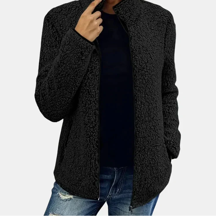 Zip Front Stand Collar Teddy Fleece Jacket