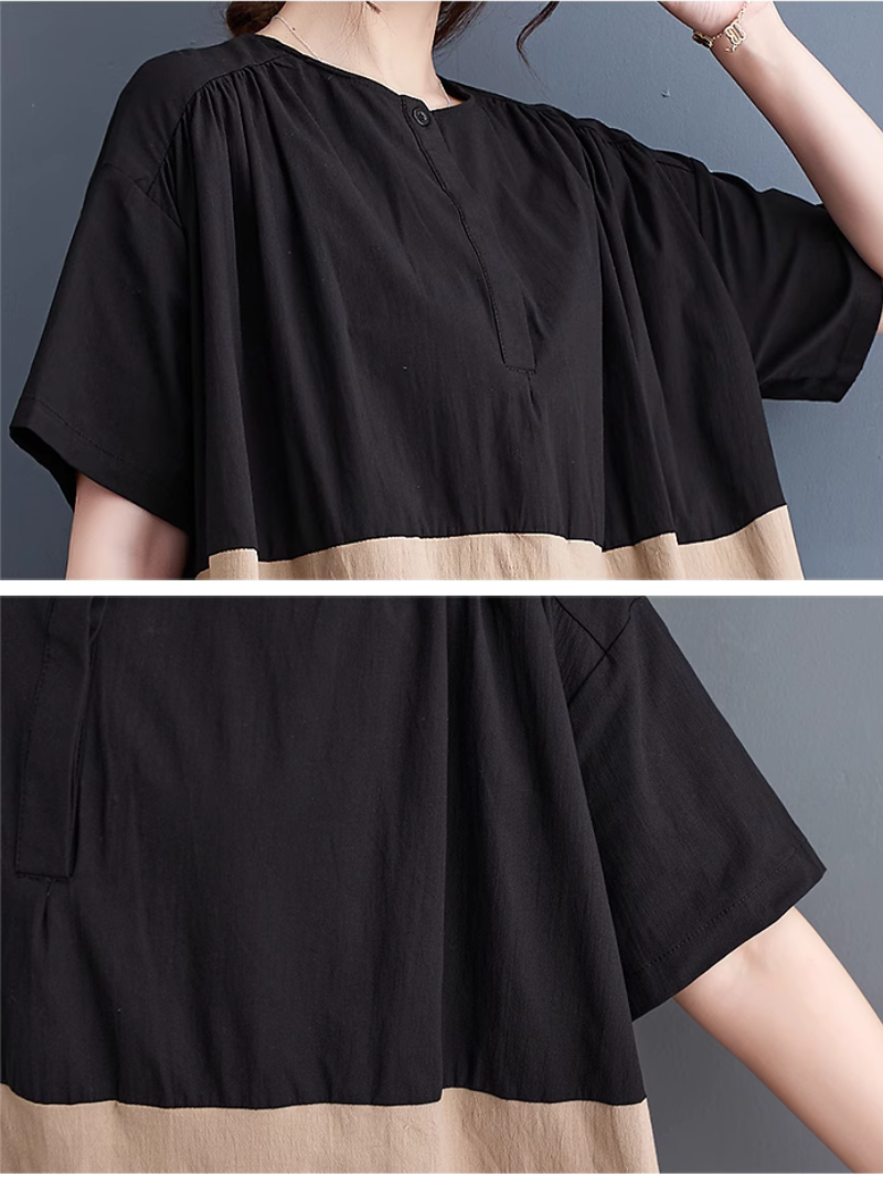 Colorblock Button Front Oversized Short Sleeve Midi Dress