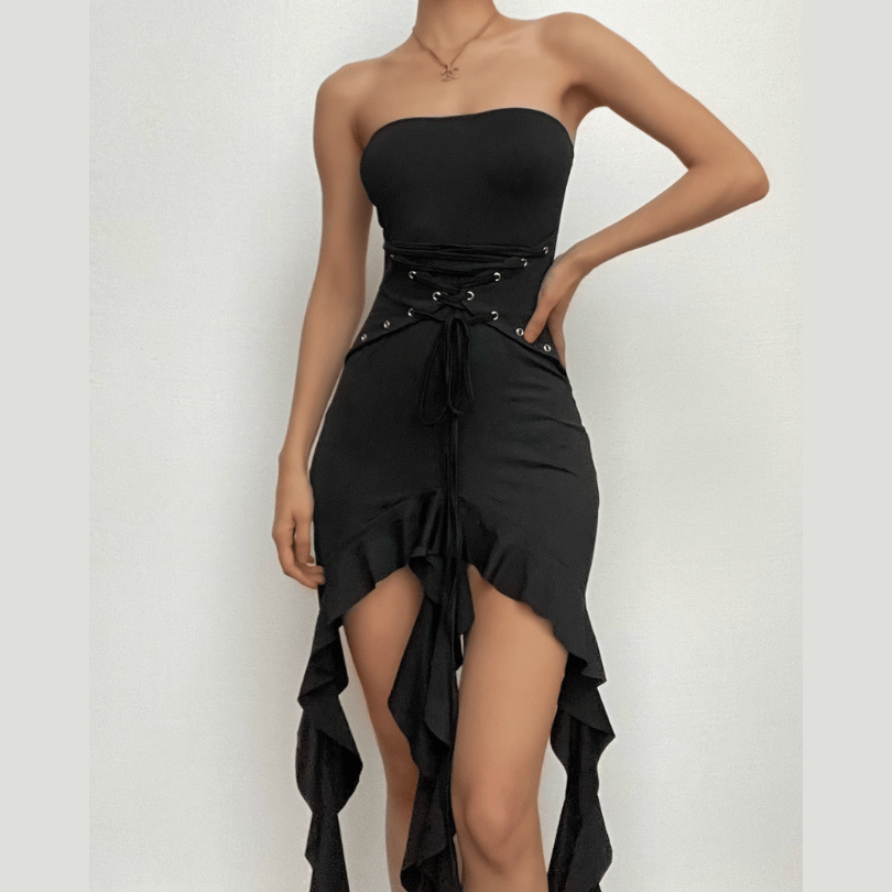 Strapless Lace Up Corset Waist Ruffle High Low Hem Mini Dress