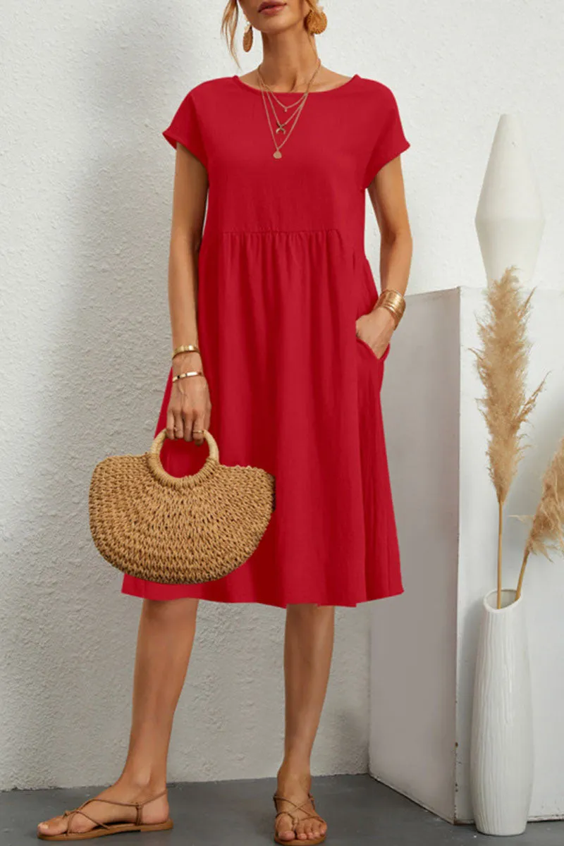 Linen Blend Print A-Line Short Sleeve Midi Dress