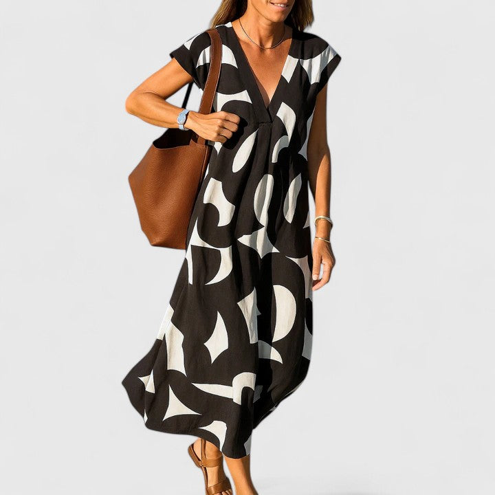 Abstract Print V-Neck Cap Sleeve Maxi Dress