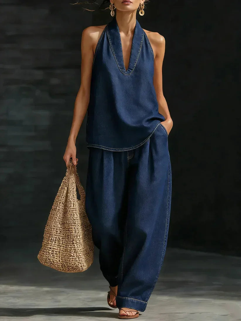 Denim Look Halter Deep V-Neck Top and Wide Leg Pants Two Piece Set