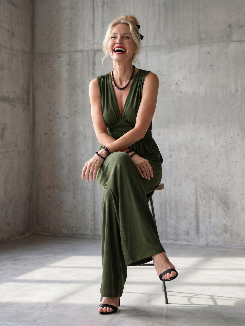 Deep V-Neck Sleeveless Ruched Waist Wide Leg Jumpsuit