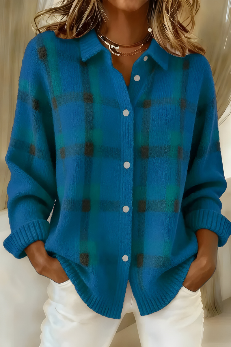 Plaid Collared Button Front Long Sleeve Knit Cardigan