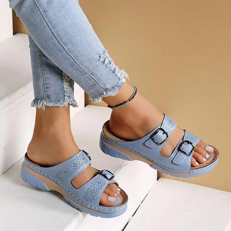 Open Toe Cutout Double Buckle Wedge Slide Sandals