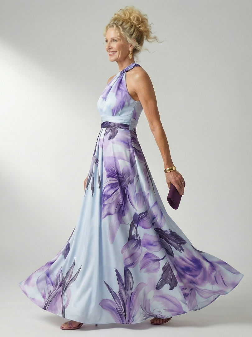 Floral Print One Shoulder Satin Maxi Dress