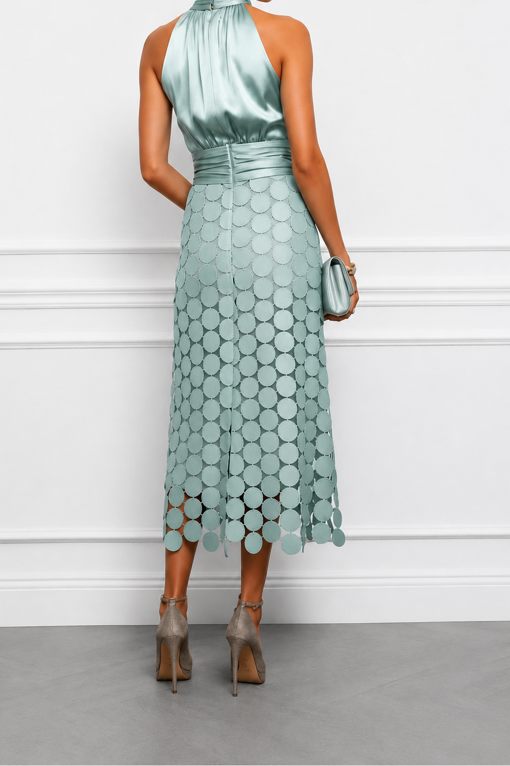 Halter Neck Ruched Laser Cut Disc Satin Midi Dress