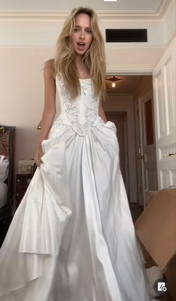 Charming Beaded Satin A Line Slit Prom Dress White Wedding Dress cc1430