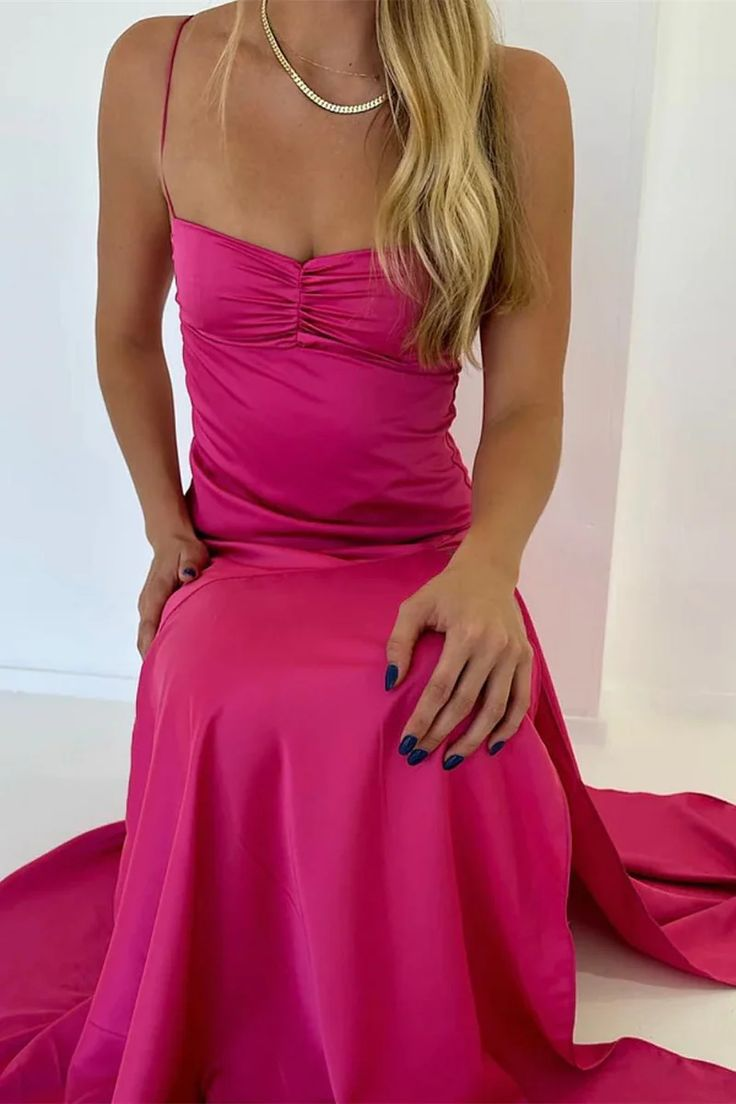Charming Hot Pink Satin A Line Evening Dress Long Prom Party Gown cc1822