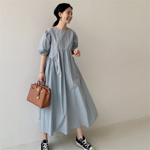 Puff Sleeve Round Neck Empire Waist Gathered Maxi Summer Dress
