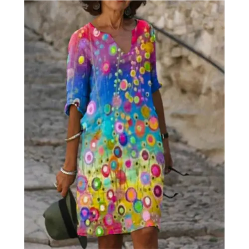 V-Neck Three Quarter Sleeve Relaxed Fit Knee Length Shift Dress