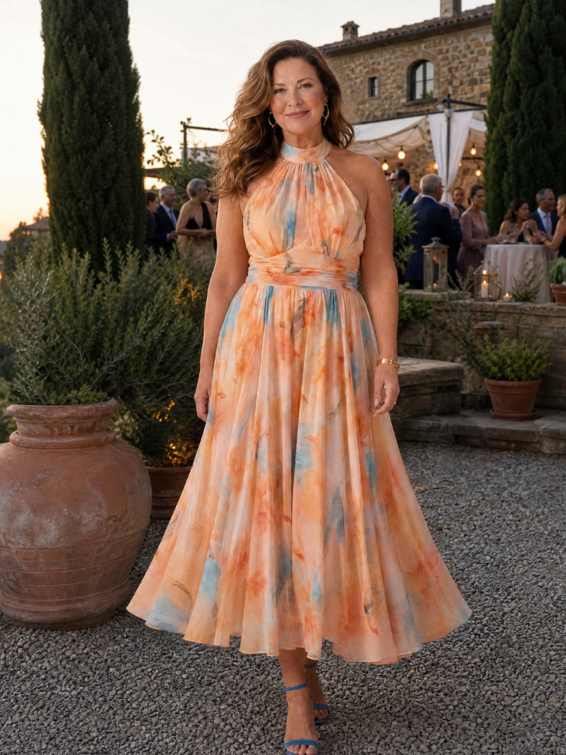 Watercolor Floral Halter Neck Pleated Midi Dress