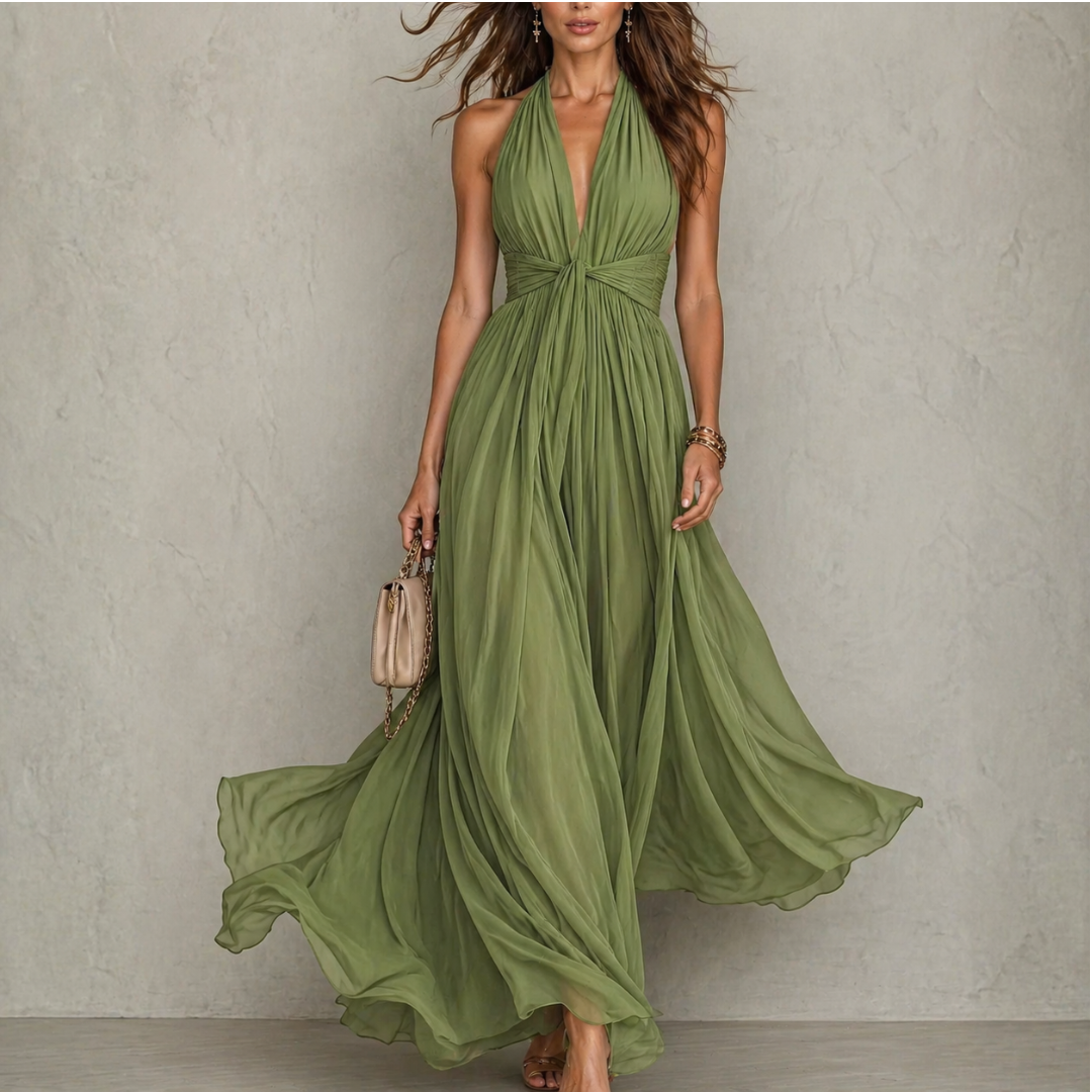 Halter Neck Deep V-Neck Twist Front Flowy Maxi Dress