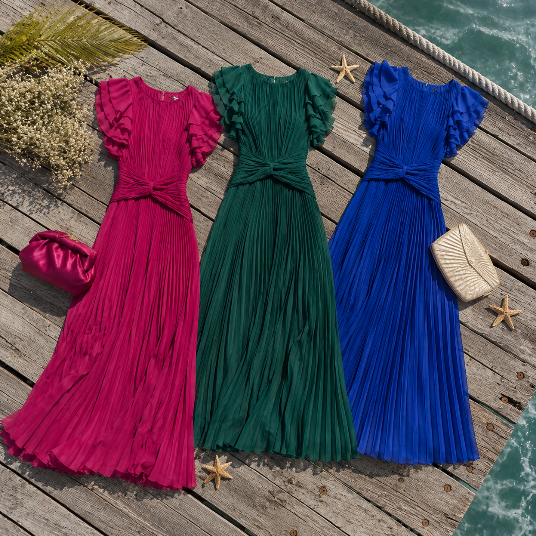 Flutter Sleeve Twist Front Pleated Maxi Dress