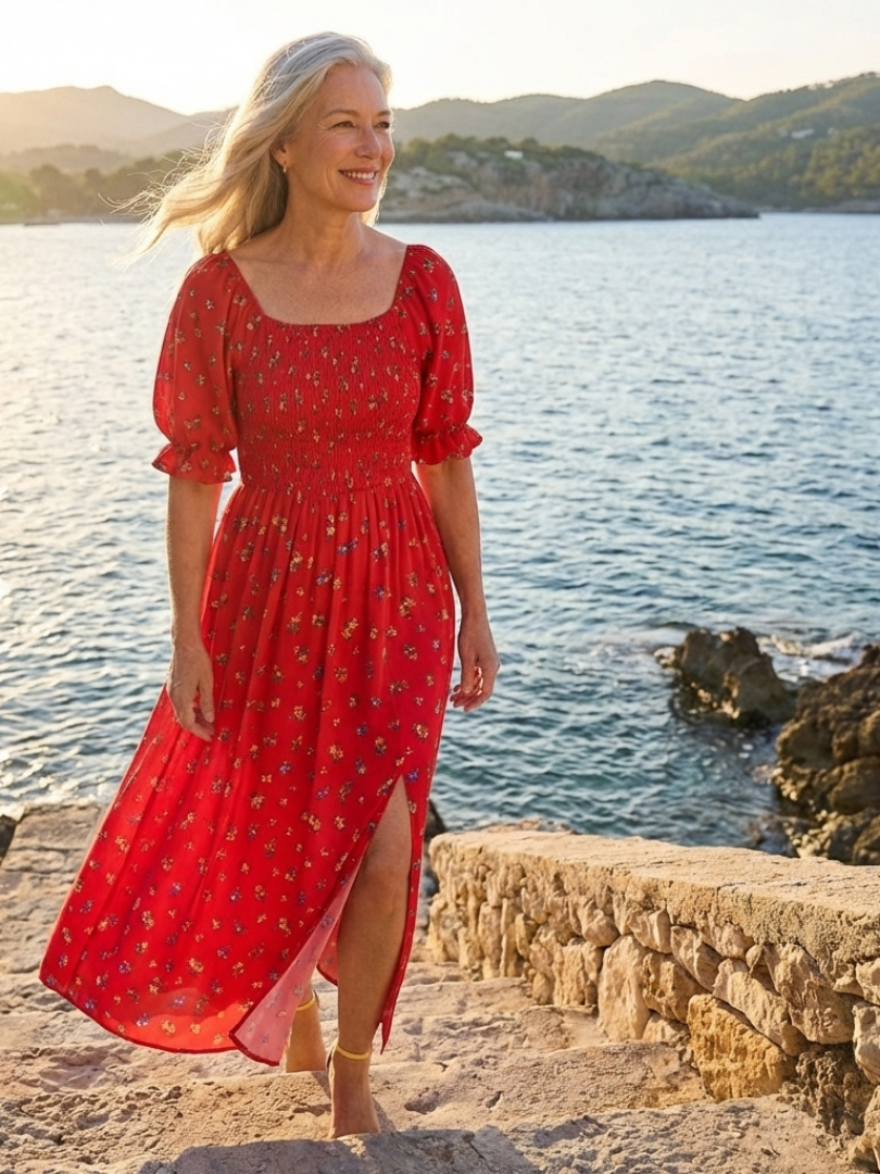 Floral Square Neck Puff Sleeve Smocked Midi Dress