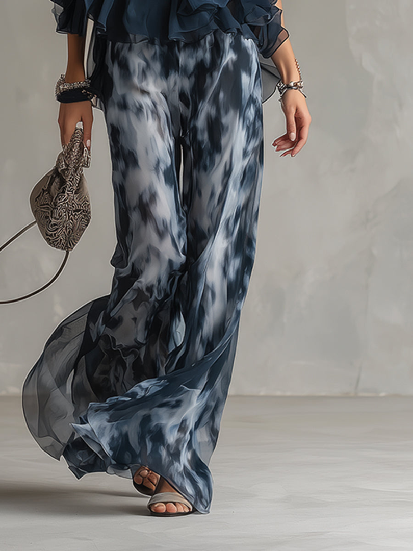 Halter Neck Ruffle Top and Wide Leg Pants Two Piece Set