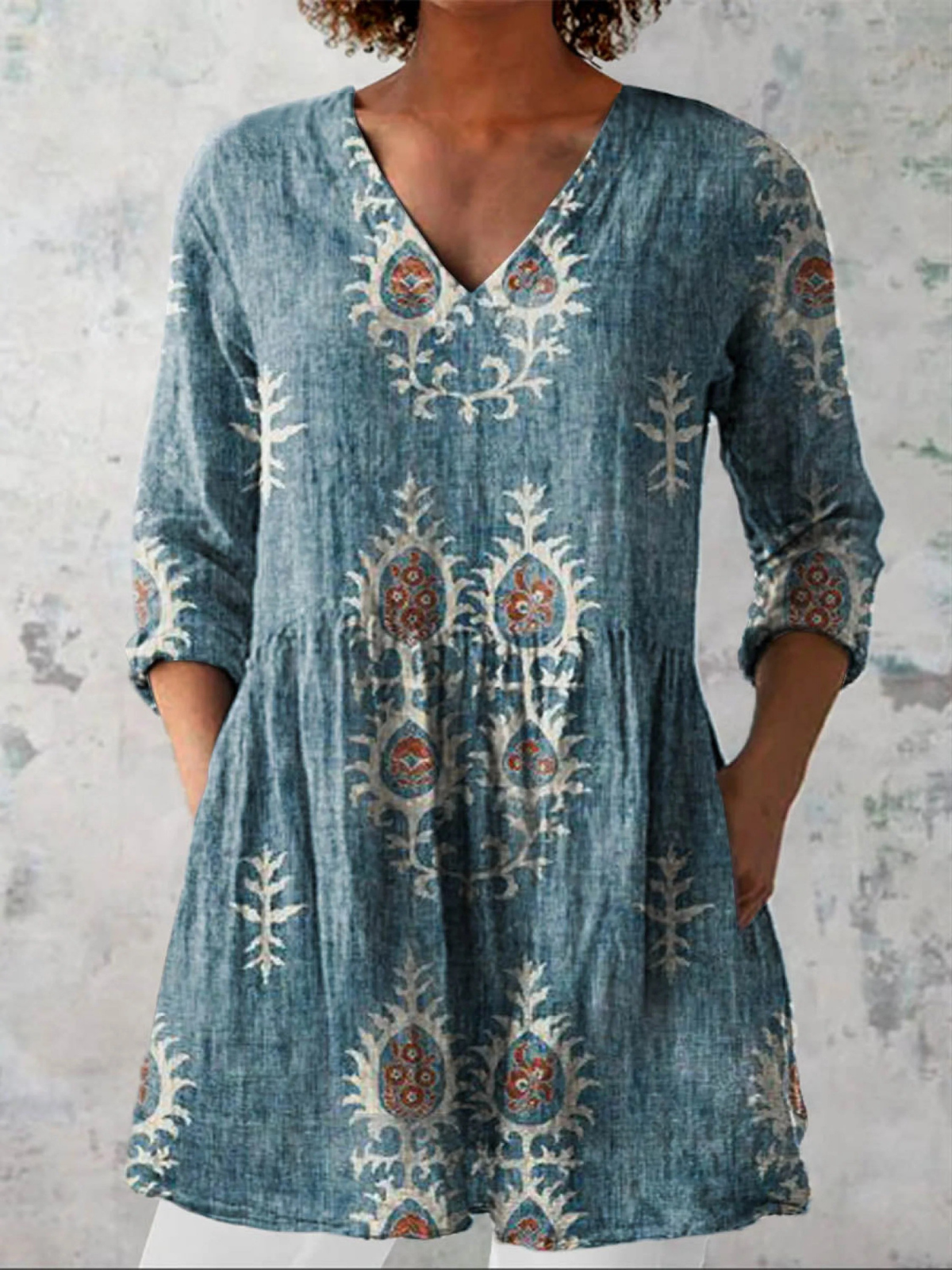 Floral Print V-Neck Long Sleeve Peplum Tunic Top