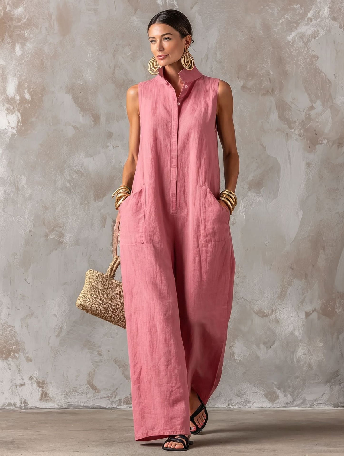 Sleeveless Stand Collar Button Front Wide Leg Jumpsuit with Pockets